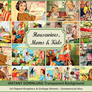 Retro huisvrouwen, moeders en kinderen clipart collagevellen digitale download illustraties voor decoupage, uitnodigingen, knutselen, scrapbooking, png…
