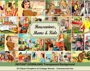 Retro Housewife Clipart: Vintage Mom & Kids PNG Graphics (Digital Download)