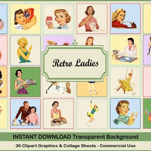Vintage 1950s Ladies Clipart & collage sheets, 2.5x2.5 inch square Retro, Retro Ladies, Sarcastic Women, clipart, download, commercial use