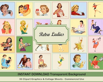 Vintage 1950s Ladies Clipart: Retro Women, Collage Sheets (Digital Download, Commercial Use)