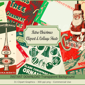 Enfeites de árvore de Natal retrô brilhante Brite Clipart Tags Etiquetas Cartões para impressão Natal vintage embelezamento diário folha de colagem digital