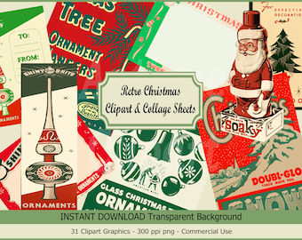 Retro Christmas Tree Ornaments shiny Brite Clipart Tags Labels Cards Printable Christmas vintage embellishment journal digital collage sheet