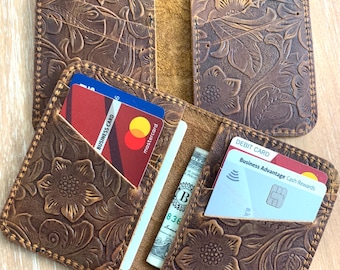 Floral Embossed Leather Minimalist Card Holder Wallet, Slim Genuine Leather Bifold