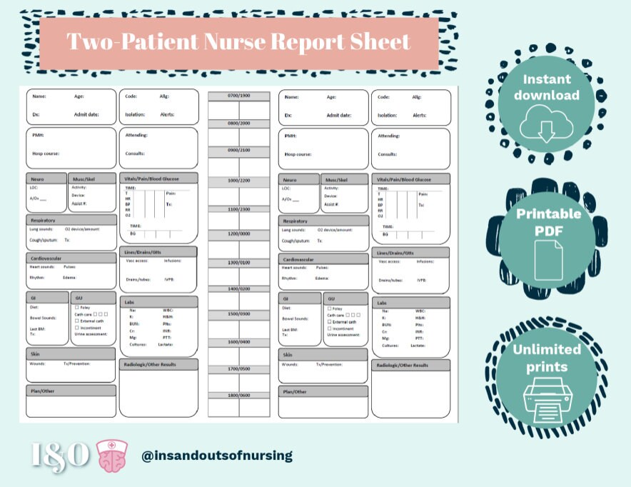 Medsurg, Tele, Stepdown, 2patient Nursing Report Sheet, Nurse Brain