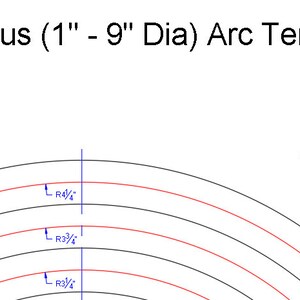 May include: A diagram showing how to create arcs with different radii, ranging from 1/2 inch to 4 1/2 inches. The diagram includes red and black lines to help with alignment and reduce eye strain. The text "1/2" - 4 1/2" Radius (1" - 9" Dia) Arc Template" is at the top of the diagram.