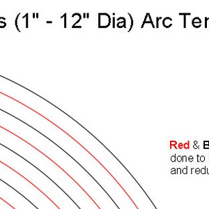 May include: A template for drawing arcs with radii ranging from 1/2 inch to 6 inches, or diameters from 1 inch to 12 inches. The template features red and black arcs to help with alignment and reduce eye strain.