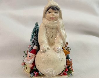 Glittered Christmas Centerpiece: Whimsical Boy, Santa, Reindeer & Bottle Brush Trees