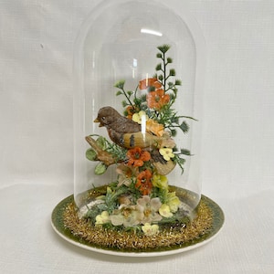 Vintage Glass Dome with Porcelain Bird and Silk Flowers – Green & Gold Rimmed Plate – Great Gift, Home Decor, Shabby Chic Display!