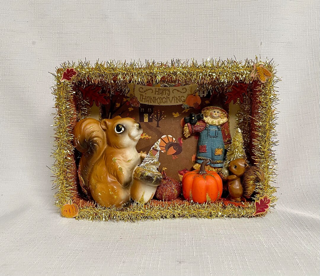 Vintage Happy Thanksgiving Squirrels and Scarecrow Shadow Box Unique Japanese Acorn Squirrel