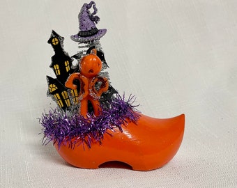 Miniature Halloween Vintage Scarecrow Shoe Centerpiece,  vintage plastic scarecrow, haunted house, bats, witch hat and tree great gift!