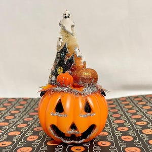 Retro Halloween Pumpkin Ornament: Haunted House, Ghosts & Tinsel