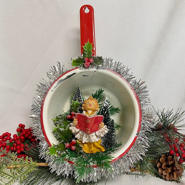 Vintage Red and White Enamelware Pot with Choir Boy centerpiece, vintage choir boy with book, trees, holly with berries, tinsel, great gift!