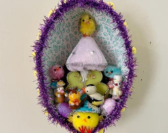 Vintage German Paper Egg Diorama: Easter Chicks & Birds Ornament