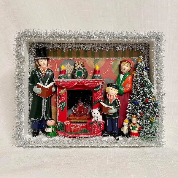 Vintage Christmas Family Carolers Centerpiece: Wood Shadow Box, Tree, and Beautiful Gift for a Festive Fireplace Display!