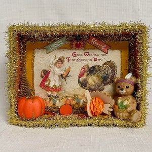 Sweet Vintage Indian Bear Thanksgiving Shadow Box Centerpiece - Vintage Bear, Pumpkins, Turkey - Great Gift Idea for Autumn Decor!