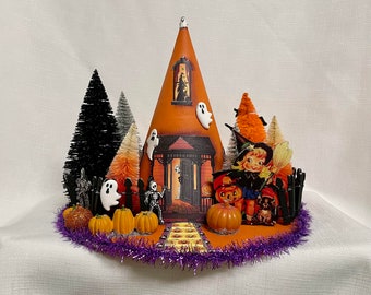 Vintage look Halloween Witch Hat House, glitter house with witches, ghosts, sheletons, trees, fence, pumpkins and ornaments, great gift!