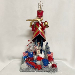 Patriotic Tin Soldier Centerpiece – Vintage Toys, Firecracker, Ornaments on Wood Platform–Americana Decor, 4th of July, Year-Round Display!