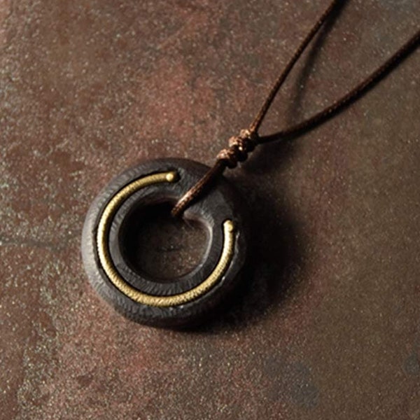 Tibetan Ebony Wood Zen Circle Copper Necklace | Unisex | Minimalist | Spiritual | Handmade