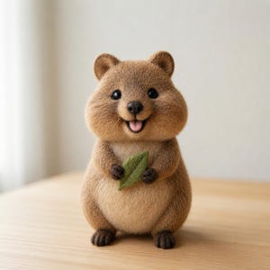 May include: A handmade quokka soft toy, smiling and holding a green leaf. The quokka is light brown with dark eyes and a pink tongue. It is positioned on a wooden surface. The toy is designed to resemble the Australian marsupial.