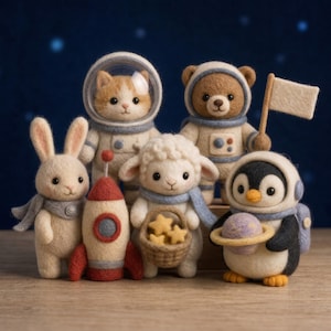 Collezione di animali spaziali in feltro ad ago fatti a mano, simpatici astronauti, gatti, conigli, orsi, agnelli e pinguini in feltro di lana per decorare la cameretta.