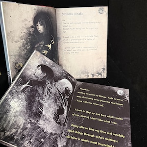 May include: An open book with illustrations and text. The text reads "Shimizu Hinako" and includes personal reflections. The artwork features grayscale portraits and decorative elements, creating a moody aesthetic.