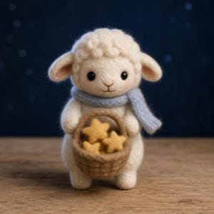 Può includere: Una statuetta di agnello in lana infeltrita color crema con una sciarpa azzurra intorno al collo. L'agnello tiene in mano un piccolo cestino intrecciato marrone riempito con tre stelle di feltro gialle. La figura ha occhi a perla neri e una finitura morbida.