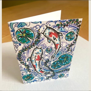 Set of 5 Cards with Envelopes; Koi Fish Design with an Origami Paper Background; Blank Greeting Cards; Original and Unique Paint Pen Art