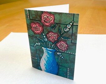 Set of 5 Cards with Envelopes; Flowers in Vase Design with Origami Paper Background; Blank Greeting Cards; Original and Unique Paint Pen Art