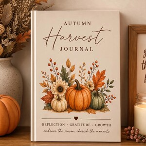 May include: A cream-colored journal titled Autumn Harvest Journal with a central illustration of pumpkins, sunflowers, and autumn leaves. The cover features the text Reflection, Gratitude, Growth and embrace the season, cherish the moments.