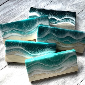 Teals -Small Wood, Ocean Wave Art Key/Leash Holder, Beach Waves, Organizer, Housewarming Gift, Key Hook, Epoxy Wood Gifts, Key Holder, Beach