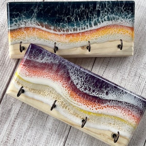Sunset Ocean Resin & Wood Holder, Wave Art Key/Leash Holder, Beach Waves, Organizer, Housewarming Gift, Hooks, Key Holder, Beach Sunset