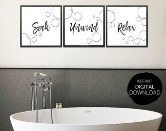 Soak, Unwind, Relax, Arte de pared impreso para el baño, bañera, cuarto de baño