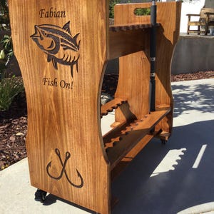 custom wood rolling fishing rod holder. personalized gift for the fisherman/fisherwoman in your family, birthday, anniversary, Christmas