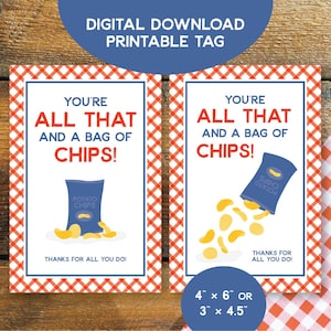 May include: Two printable tags with a red and white checkered border. The tags read "YOU'RE ALL THAT AND A BAG OF CHIPS!" with a blue bag of potato chips graphic. The text "THANKS FOR ALL YOU DO!" is also included.