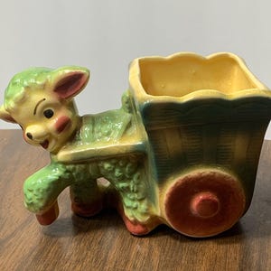 Vintage Ceramic Lamb Pulling Cart Planter, Mid Century Nursery Decor, Green Yellow Animal Planter, Retro Baby Room Pottery