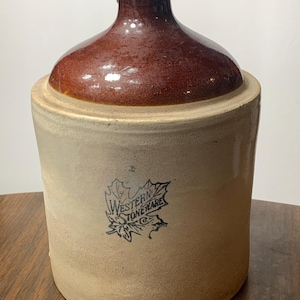 Antique Western Stoneware Co 1 Gallon Jug, Maple Leaf Logo, Brown Glazed Shoulder, Primitive Farmhouse Pottery, Early 1900s