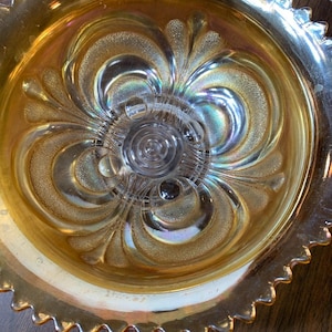 Vintage Imperial Style Marigold Carnival Glass Bowl, Sawtooth Rim, Iridescent Pressed Glass Fruit Bowl, 8 Inch Antique Glass Bowl