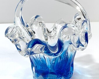 Chalet Art Glass Vase Blue Clear Sculptural Glass Canada Mid Century Modern Cobalt Glass Bowl Chalet Glass Decor Stretched blown glass