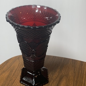 Vintage Avon Cape Cod Ruby Red Vase | 1876 Collection Pedestal Glass Vase | Fostoria Avon Ruby Glass | Gothic Colonial Decor