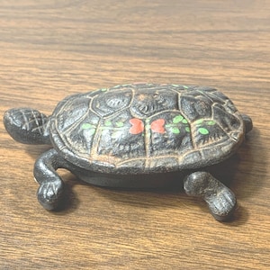 Vintage Wilton Cast Iron Turtle Trinket Box Hinged Hand Painted Floral Tortoise Amish Folk Art Jewelry Keepsake Box