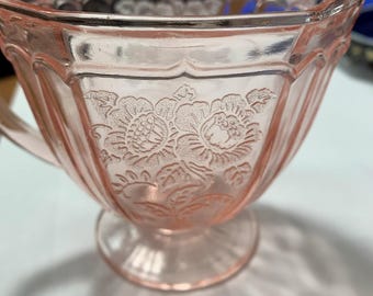 Anchor Hocking Mayfair Open Rose Pink Depression Glass Creamer Vintage 1930s Footed Cream Pitcher Floral Pattern