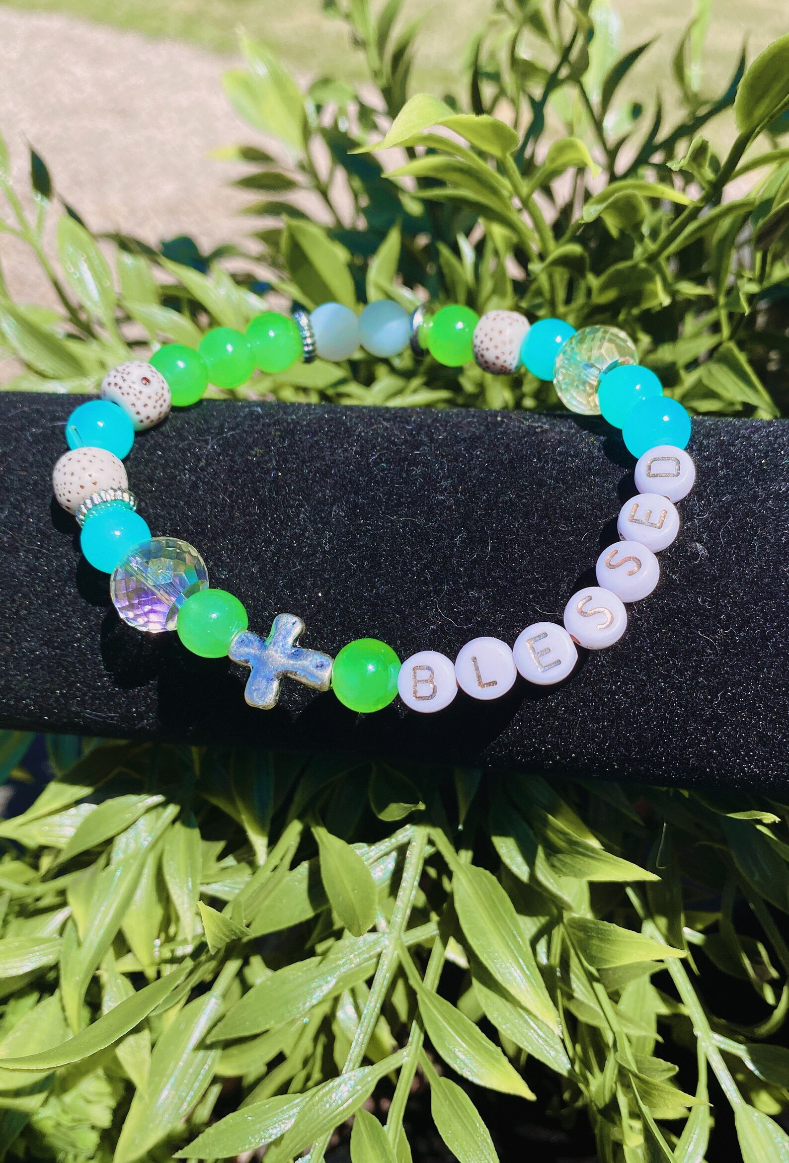 Blessed Stretchy Bracelet with Silver Cross and Teal Accent Etsy