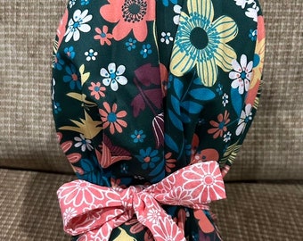 Gorro quirúrgico floral, reversible, mezcla de algodón