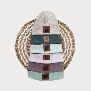 Thin hipster beanie with leather label for children and adults
