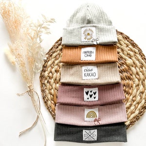 Thin hipster beanie with woven label for children and adults image 1