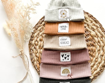 Thin hipster beanie with woven label for children and adults