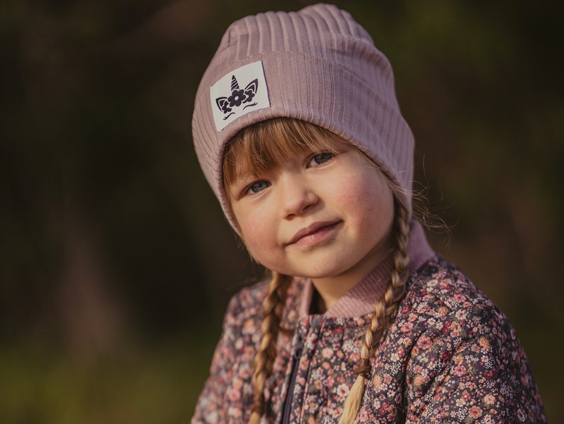 Thin hipster beanie with woven label for children and adults image 2