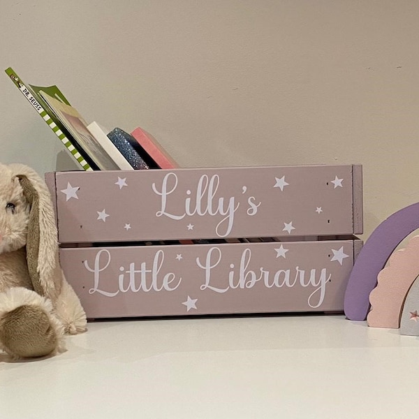 Personalised Little library Book Crate | Story Book Box | | Children's Story Time | Wood Story Crate | Story box | Child's Nursery Book Box