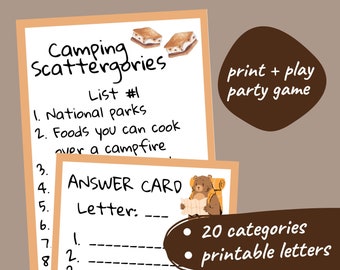 Camping Scattergories // Printable Party Game // Summer Outdoor Nature Birthday Game // Woodland Theme // Boy Scout Girl Scout Activity