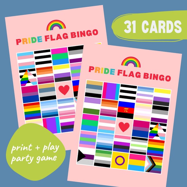 Pride Flag BINGO Printable Party Game LGBTQIA+ // BINGO Cards // Pride Month // Queer Lesbian Gay Bisexual Pansexual Nonbinary Pride Flags